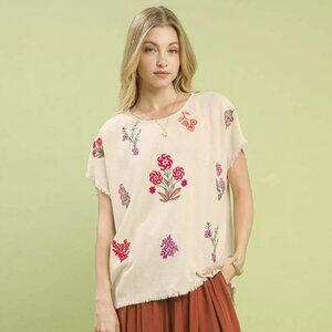 Floral Linen Blend Embroidered Frayed Hem Top